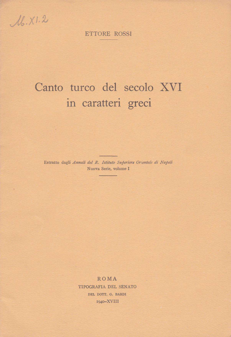 Canto turco del secolo XVI in caratteri greci - Ettore Rossi (1940)